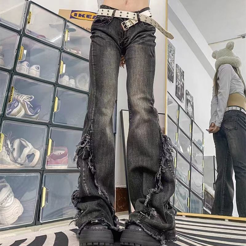 Women's American-style Vintage Vibe Raw-edge Design Slightly Flared Denim Jeans - [[{"value":"{{ Babyvera Babyvera  }}"}]]