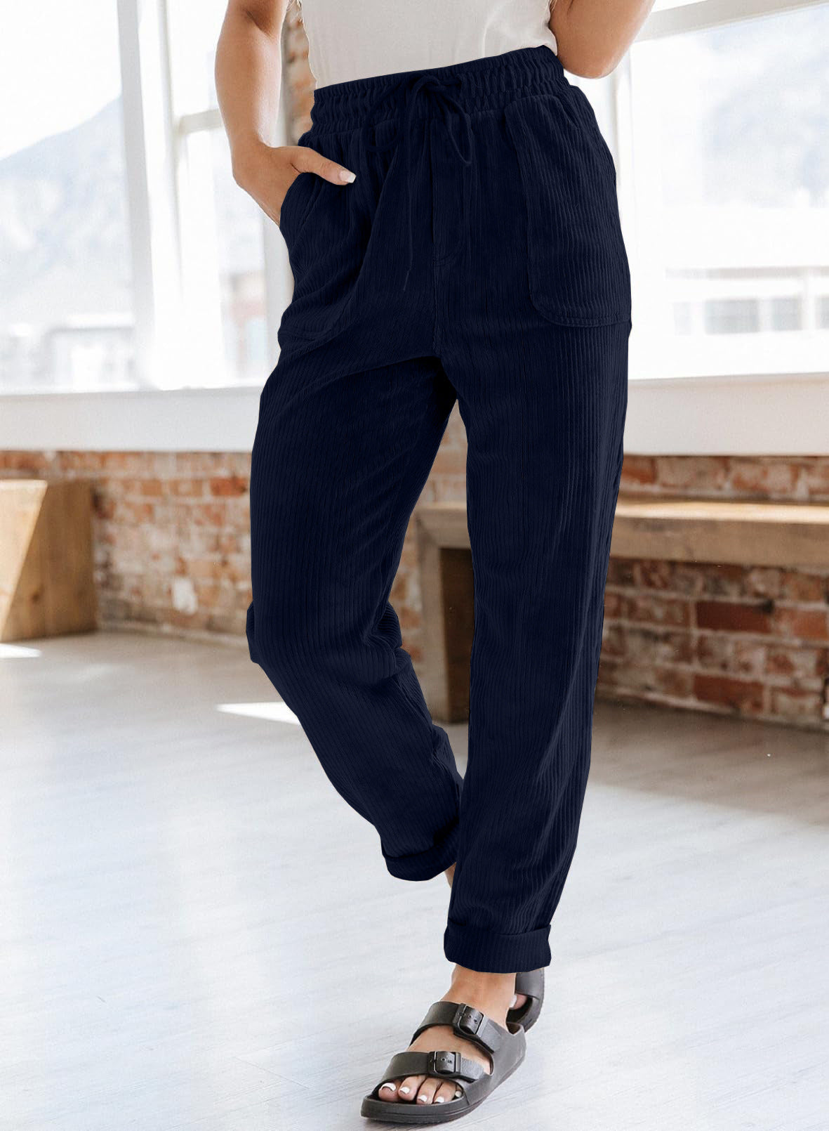 European And American Casual Pants Fashion Solid Color Corduroy Wide-leg Pants Women's Pants - [[{"value":"{{ Babyvera Babyvera  }}"}]]