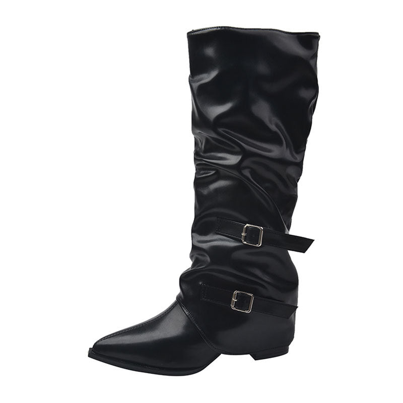 Women's Niche-design Leather-buckle High-rise Riding Boots - [[{"value":"{{ Babyvera Babyvera  }}"}]]