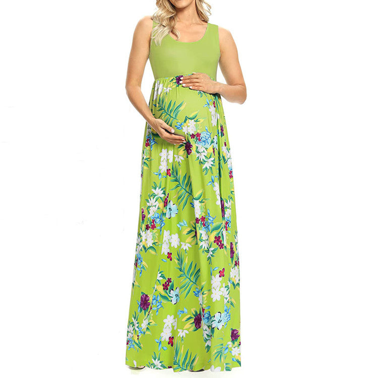 Fashion Print Stitching Round Neck Maternity Dress - Babyvera