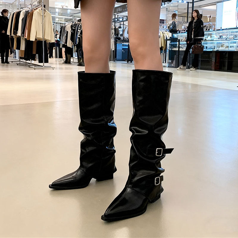 Women's Niche-design Leather-buckle High-rise Riding Boots - [[{"value":"{{ Babyvera Babyvera  }}"}]]