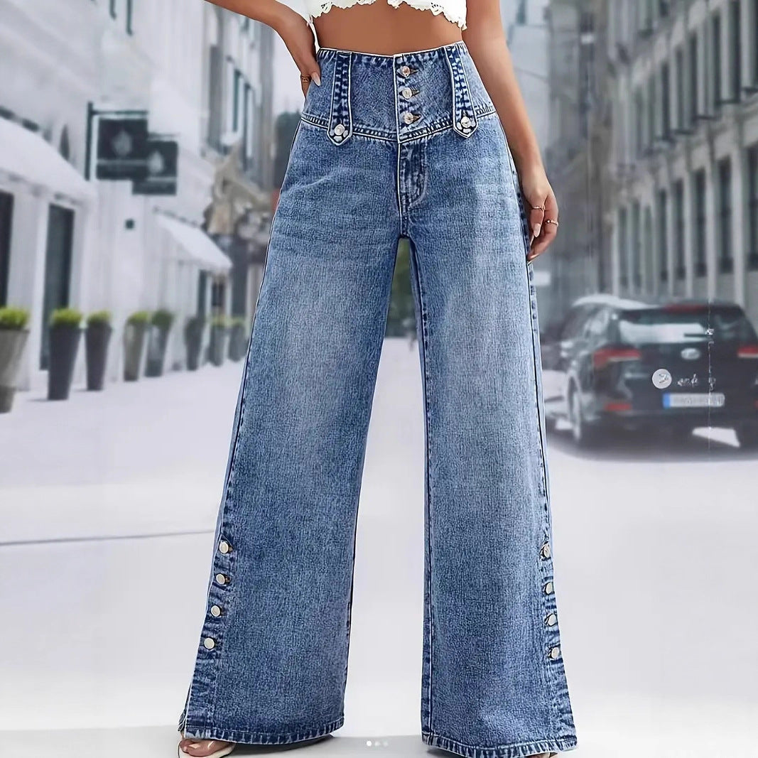 Women's High-Waisted Retro Button Denim Wide-Leg Pants - [[{"value":"{{ Babyvera Babyvera  }}"}]]