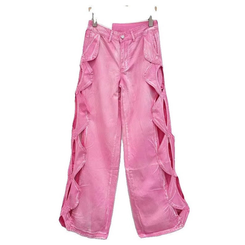 SpringSummer Side-Stranded Braid Ripped Casual Straight-Leg Wide-Leg Denim Jeans - [[{"value":"{{ Babyvera Babyvera  }}"}]]