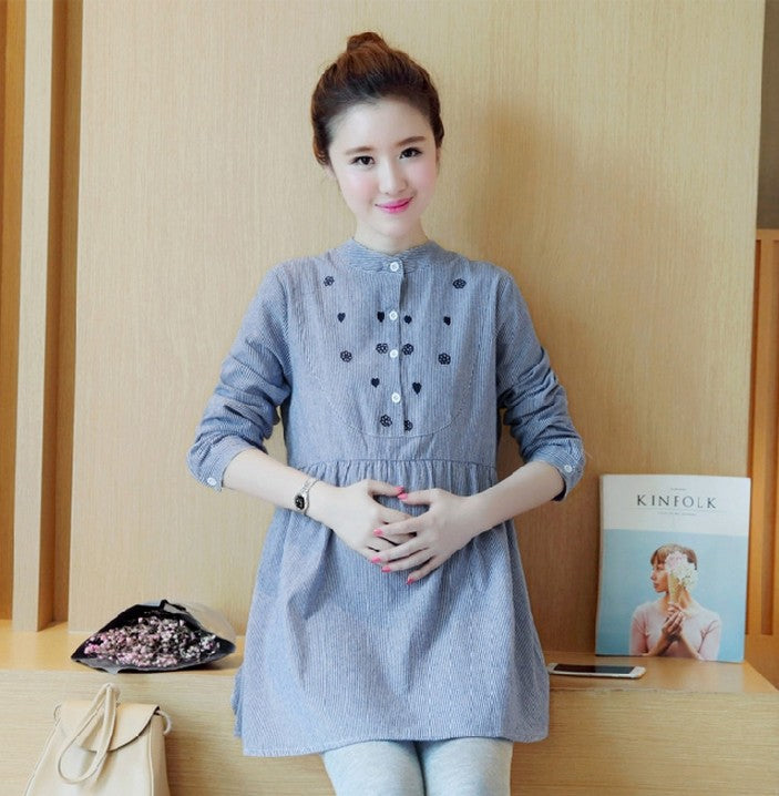 Maternity Dress Stand-up Collar Striped Embroidery Maternity Top - [[{"value":"{{ Babyvera Babyvera  }}"}]]