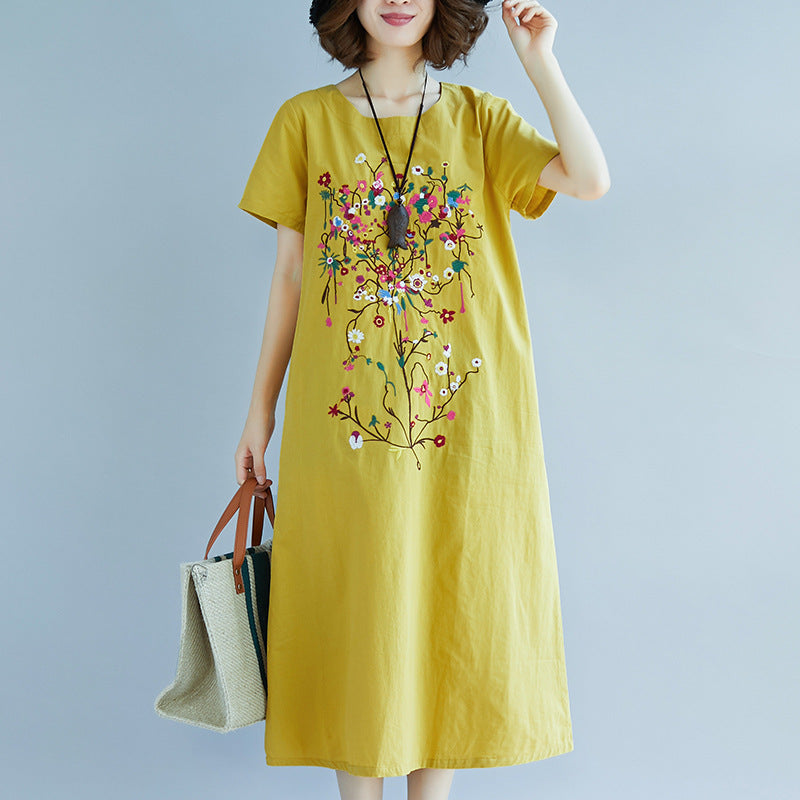 Ethnic Style Embroidered Cotton Linen Medium Length Dress - [[{"value":"{{ Babyvera Babyvera  }}"}]]