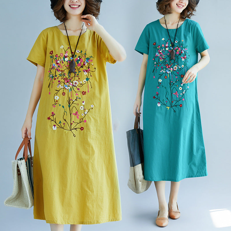 Ethnic Style Embroidered Cotton Linen Medium Length Dress - [[{"value":"{{ Babyvera Babyvera  }}"}]]