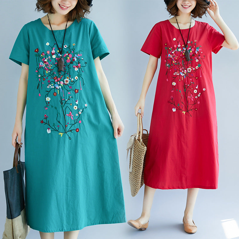 Ethnic Style Embroidered Cotton Linen Medium Length Dress - [[{"value":"{{ Babyvera Babyvera  }}"}]]