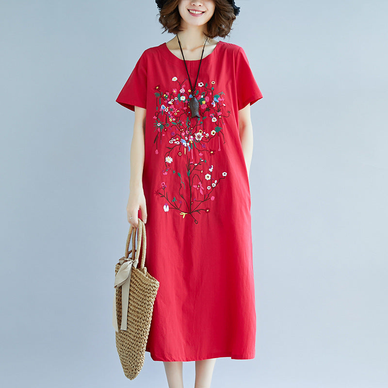 Ethnic Style Embroidered Cotton Linen Medium Length Dress - [[{"value":"{{ Babyvera Babyvera  }}"}]]