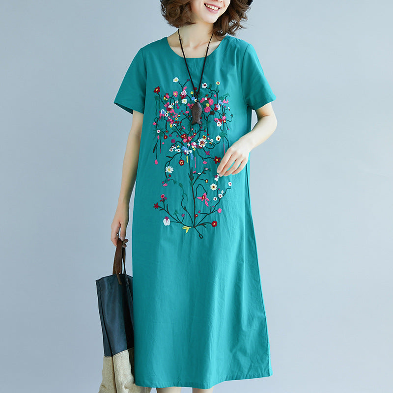 Ethnic Style Embroidered Cotton Linen Medium Length Dress - [[{"value":"{{ Babyvera Babyvera  }}"}]]