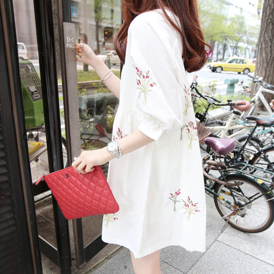 Korean Cotton And Linen Embroidery Maternity Dress And Nursing Clothes - [[{"value":"{{ Babyvera Babyvera  }}"}]]