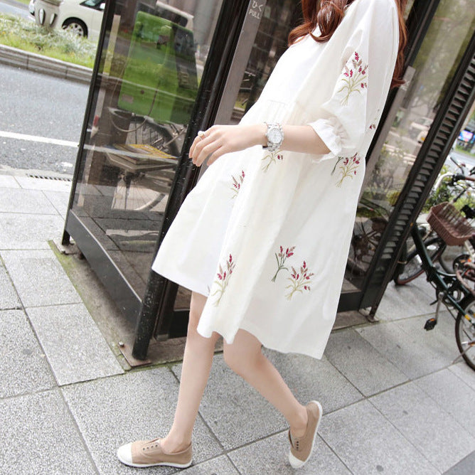 Korean Cotton And Linen Embroidery Maternity Dress And Nursing Clothes - [[{"value":"{{ Babyvera Babyvera  }}"}]]