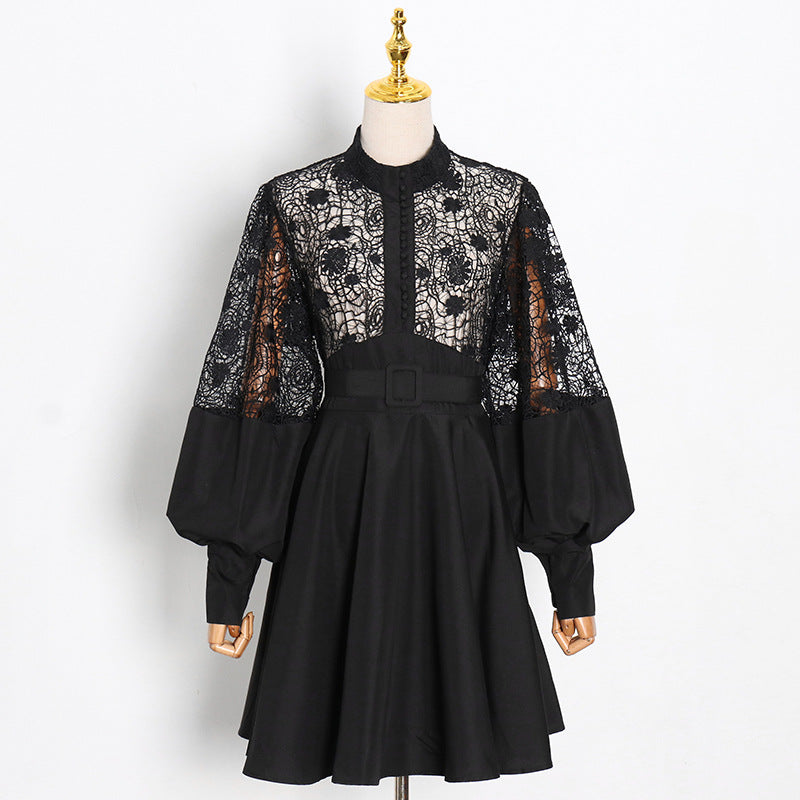 Fashion Temperament Stand Collar Lantern Sleeve Design Sexy Lace Perspective Short Dress - [[{"value":"{{ Babyvera Babyvera  }}"}]]