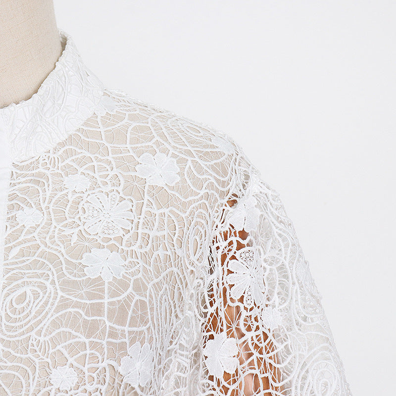 Fashion Temperament Stand Collar Lantern Sleeve Design Sexy Lace Perspective Short Dress - [[{"value":"{{ Babyvera Babyvera  }}"}]]