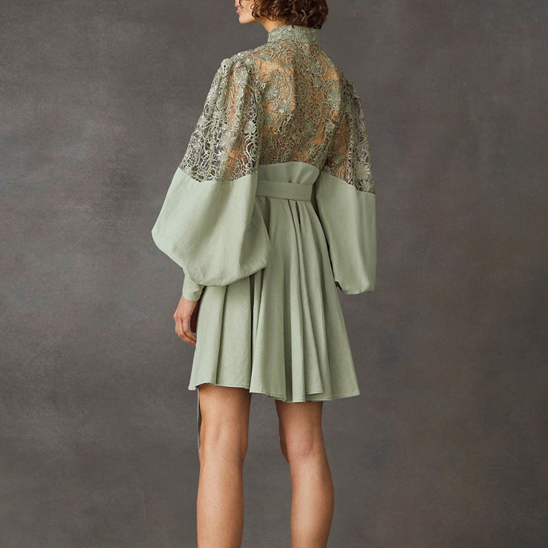 Fashion Temperament Stand Collar Lantern Sleeve Design Sexy Lace Perspective Short Dress - [[{"value":"{{ Babyvera Babyvera  }}"}]]