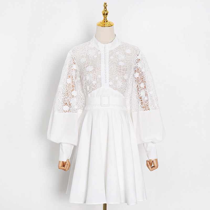 Fashion Temperament Stand Collar Lantern Sleeve Design Sexy Lace Perspective Short Dress - [[{"value":"{{ Babyvera Babyvera  }}"}]]