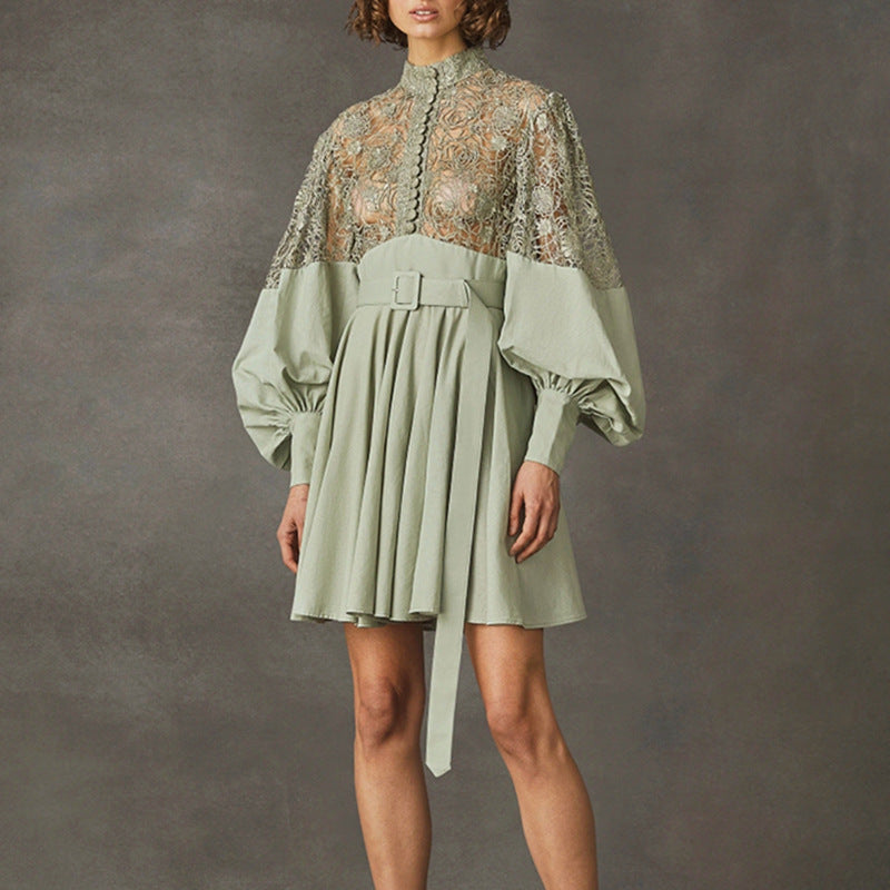 Fashion Temperament Stand Collar Lantern Sleeve Design Sexy Lace Perspective Short Dress - [[{"value":"{{ Babyvera Babyvera  }}"}]]