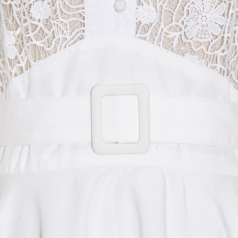 Fashion Temperament Stand Collar Lantern Sleeve Design Sexy Lace Perspective Short Dress - [[{"value":"{{ Babyvera Babyvera  }}"}]]