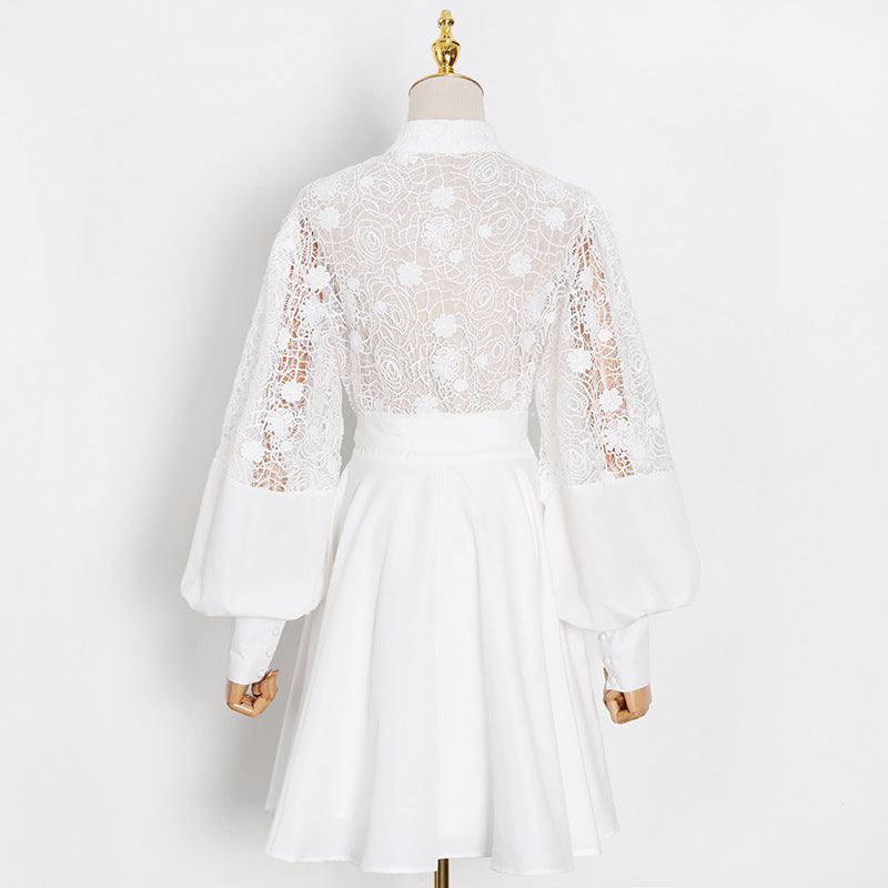 Fashion Temperament Stand Collar Lantern Sleeve Design Sexy Lace Perspective Short Dress - [[{"value":"{{ Babyvera Babyvera  }}"}]]