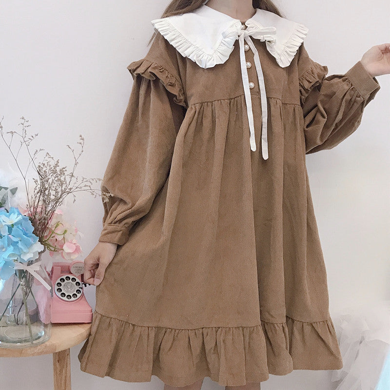 Japanese Soft Girl Cute Navy Collar Puff Sleeve Lace Detachable Loose Corduroy Dress - [[{"value":"{{ Babyvera Babyvera  }}"}]]