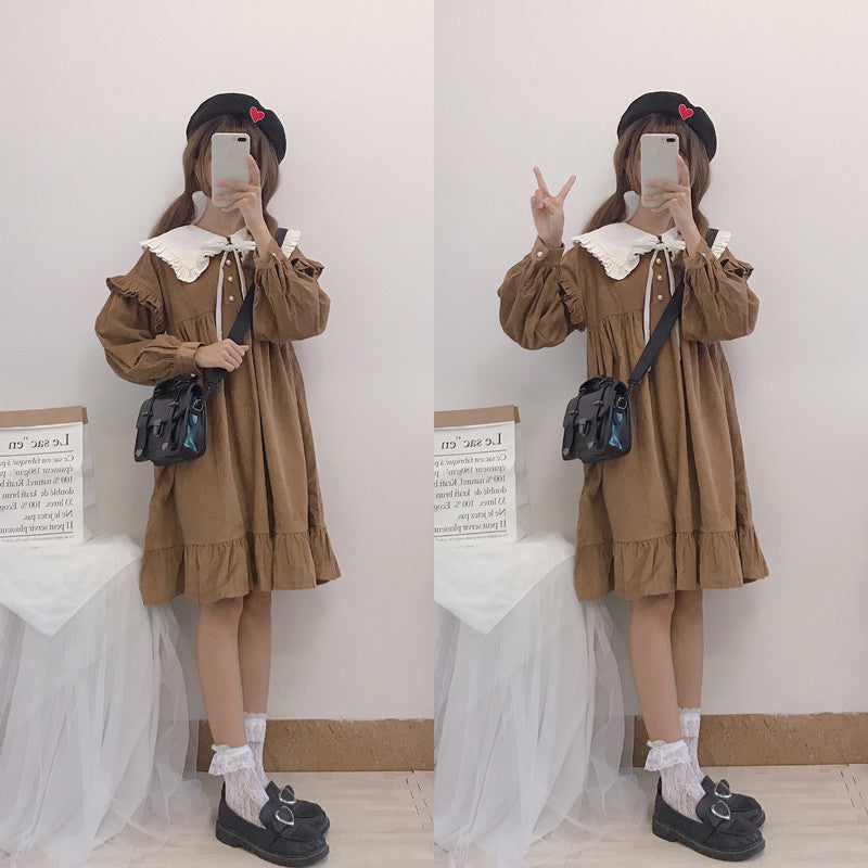 Japanese Soft Girl Cute Navy Collar Puff Sleeve Lace Detachable Loose Corduroy Dress - [[{"value":"{{ Babyvera Babyvera  }}"}]]