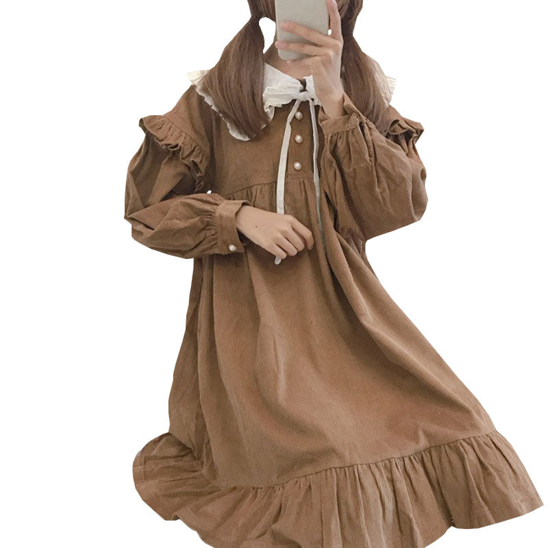 Japanese Soft Girl Cute Navy Collar Puff Sleeve Lace Detachable Loose Corduroy Dress - [[{"value":"{{ Babyvera Babyvera  }}"}]]