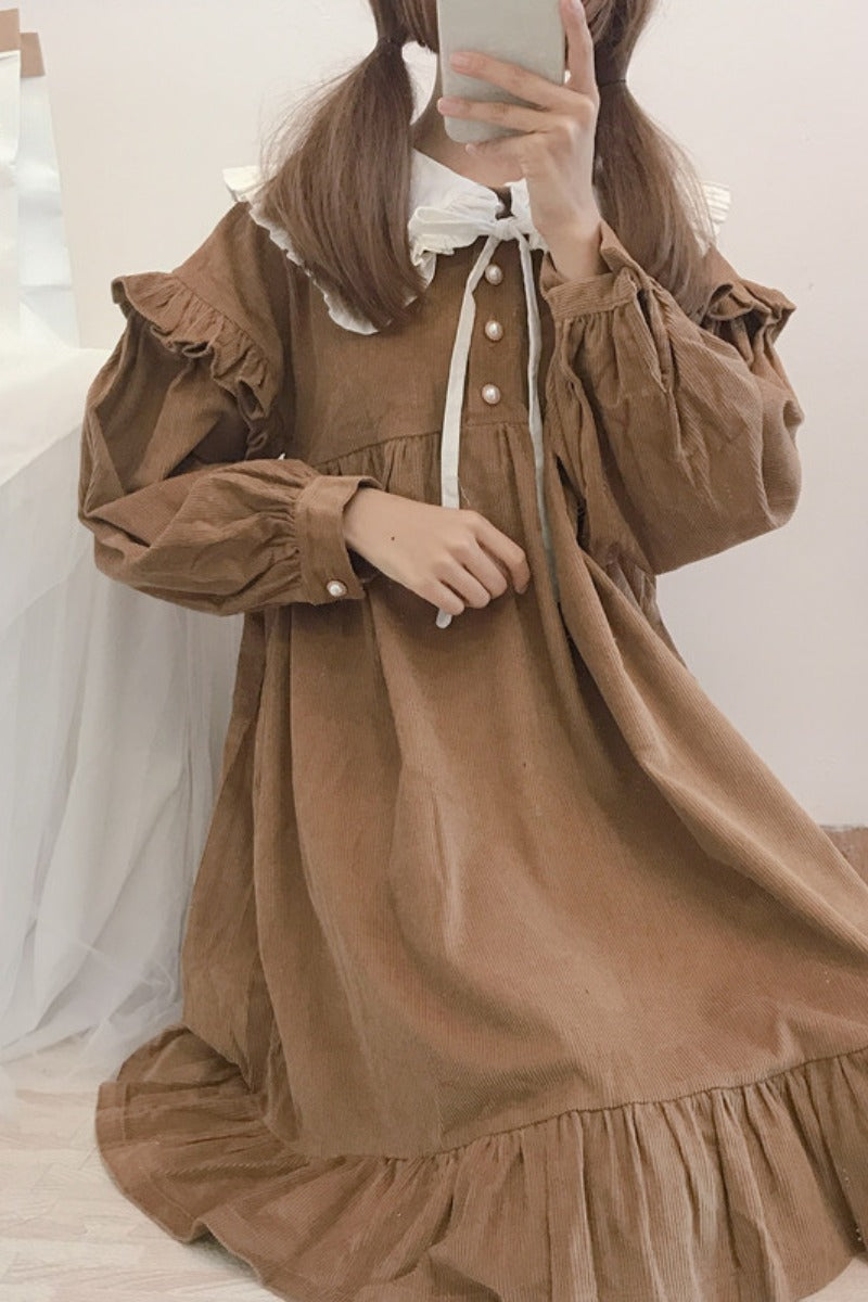 Japanese Soft Girl Cute Navy Collar Puff Sleeve Lace Detachable Loose Corduroy Dress - [[{"value":"{{ Babyvera Babyvera  }}"}]]