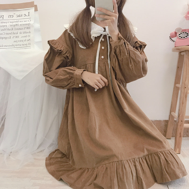 Japanese Soft Girl Cute Navy Collar Puff Sleeve Lace Detachable Loose Corduroy Dress - [[{"value":"{{ Babyvera Babyvera  }}"}]]