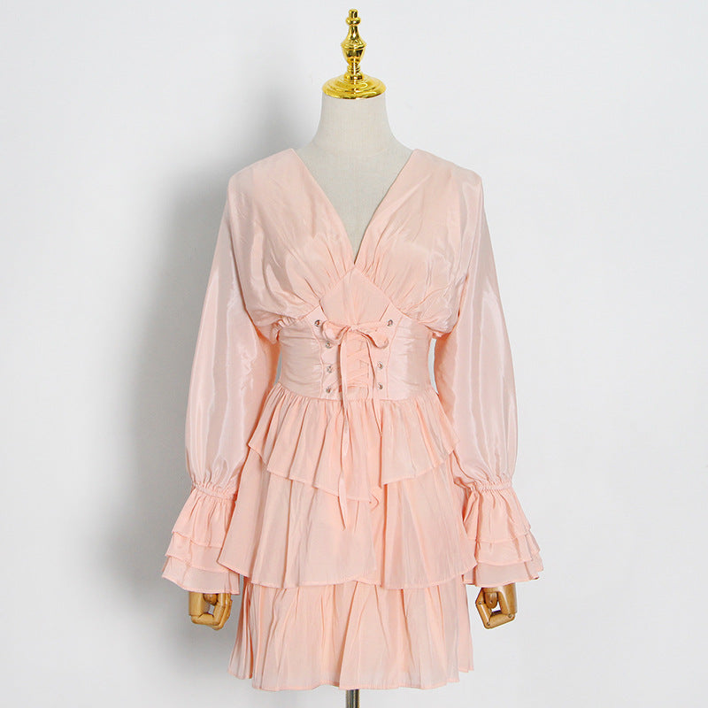 European And American Fashion Sexy Deep V-neck Solid Color Waist Slimming Dress - [[{"value":"{{ Babyvera Babyvera  }}"}]]