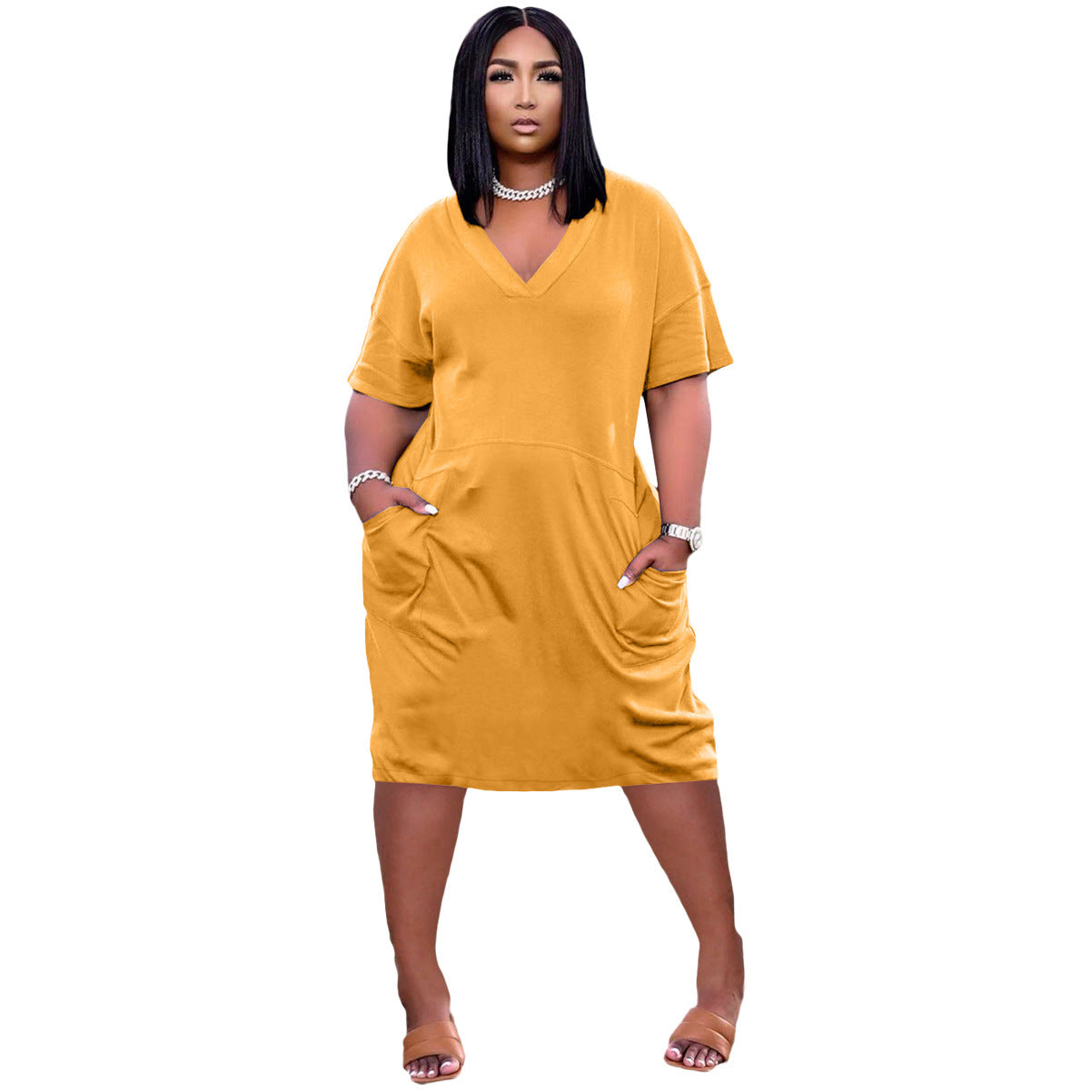 Sexy Loose Color V-neck Casual Dress With Pockets - [[{"value":"{{ Babyvera Babyvera  }}"}]]
