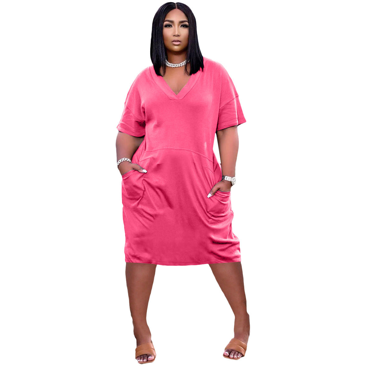 Sexy Loose Color V-neck Casual Dress With Pockets - [[{"value":"{{ Babyvera Babyvera  }}"}]]
