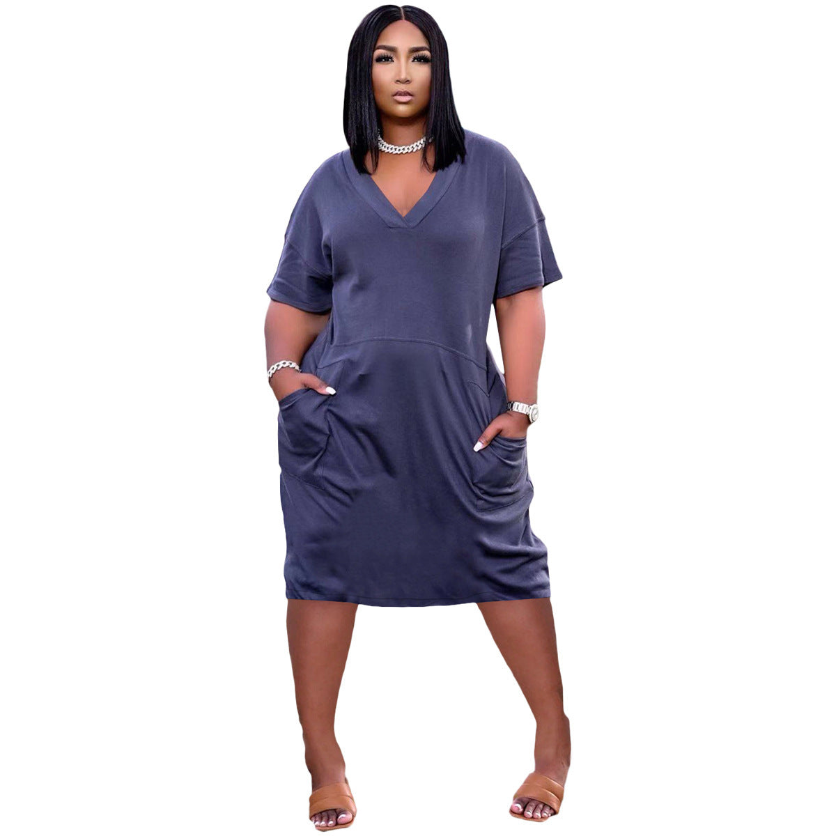 Sexy Loose Color V-neck Casual Dress With Pockets - [[{"value":"{{ Babyvera Babyvera  }}"}]]