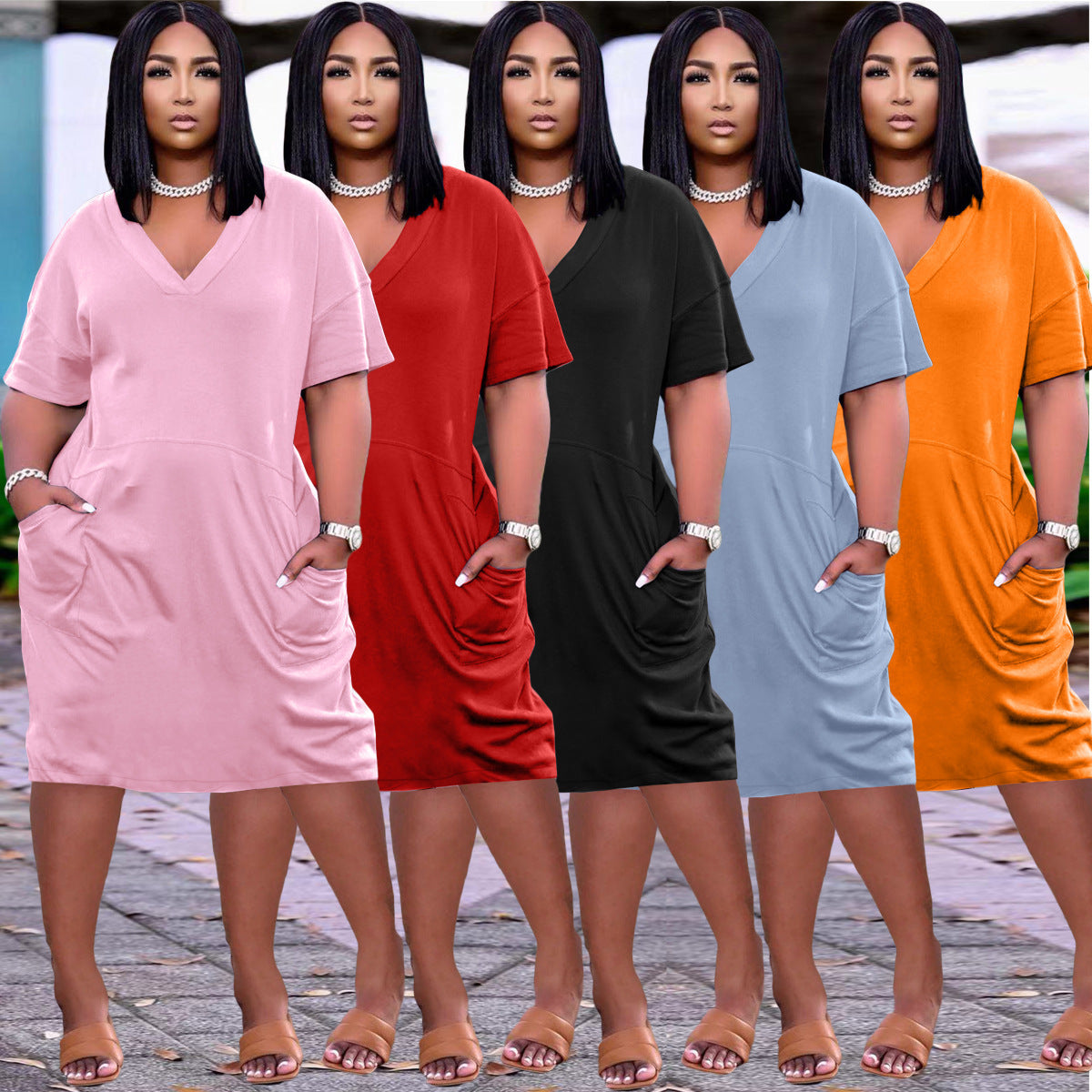 Sexy Loose Color V-neck Casual Dress With Pockets - [[{"value":"{{ Babyvera Babyvera  }}"}]]