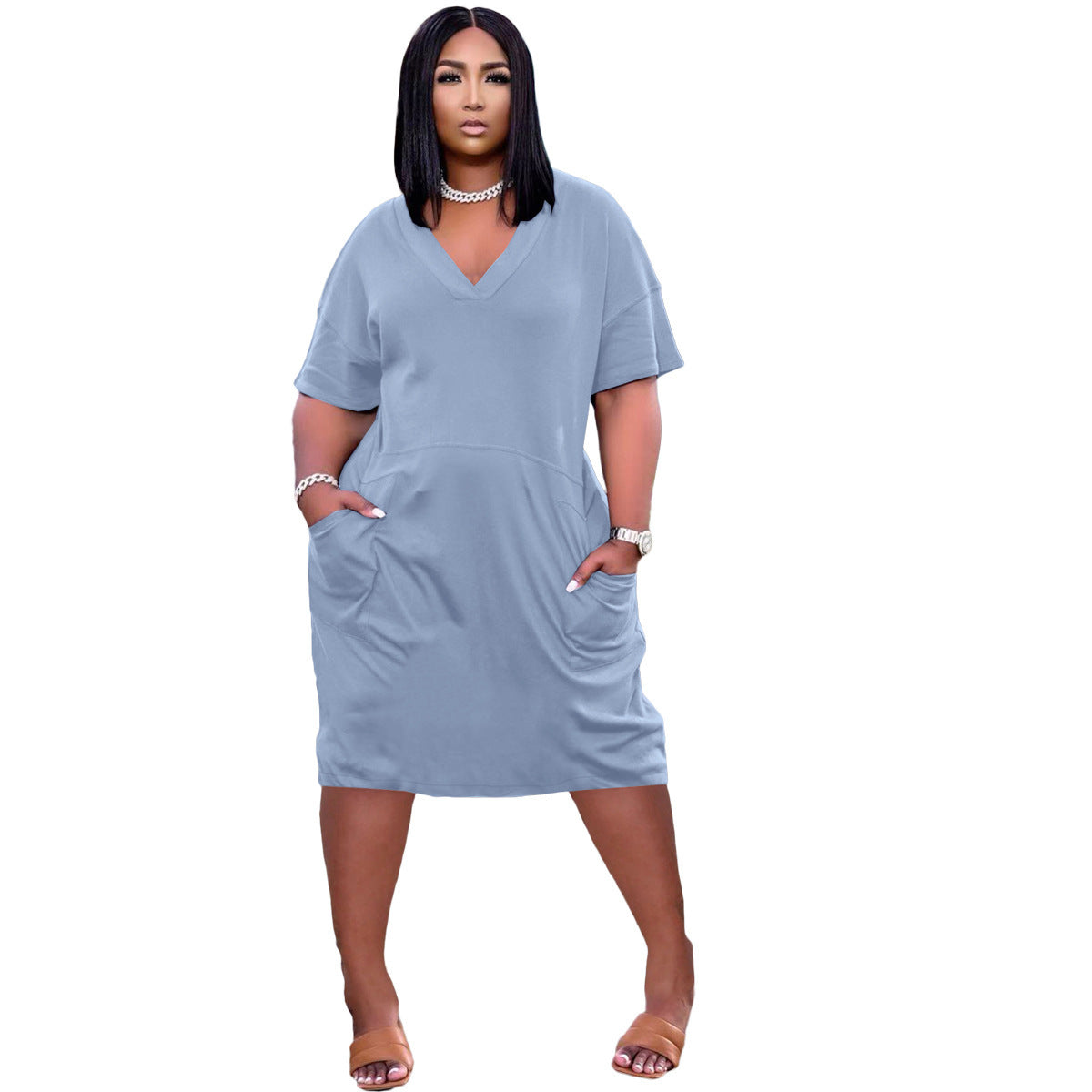 Sexy Loose Color V-neck Casual Dress With Pockets - [[{"value":"{{ Babyvera Babyvera  }}"}]]