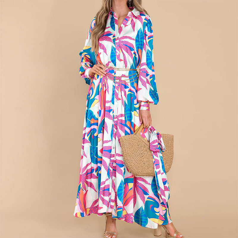 New Printed Dresses Long-sleeved Polo Collar Oversized Hem Dresses Women - [[{"value":"{{ Babyvera Babyvera  }}"}]]