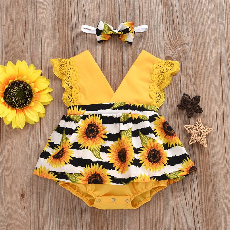 Summer Baby Girl Triangle Romper, Lace Wrapper For Newborn Baby, Sunflower Baby One-piece Romper - [[{"value":"{{ Babyvera Babyvera  }}"}]]