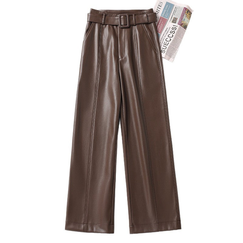 Womens Straight-Leg Leather Pants High-Waisted Fashionable Wide-Leg Pants - [[{"value":"{{ Babyvera Babyvera  }}"}]]