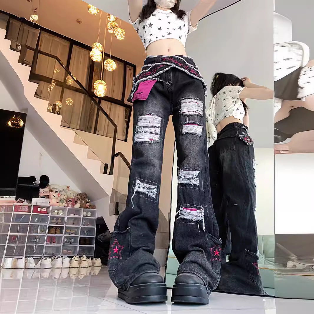 High-Street Ripped Design Flared Denim Jeans With A Sleazy Chic Vibe - [[{"value":"{{ Babyvera Babyvera  }}"}]]