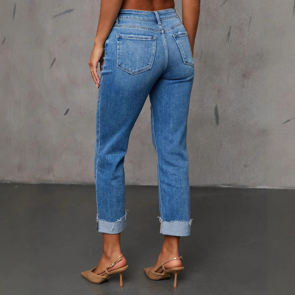 Cuffed Capri Pants, Fashionable Stretchy Whiskered Denim Jeans - [[{"value":"{{ Babyvera Babyvera  }}"}]]