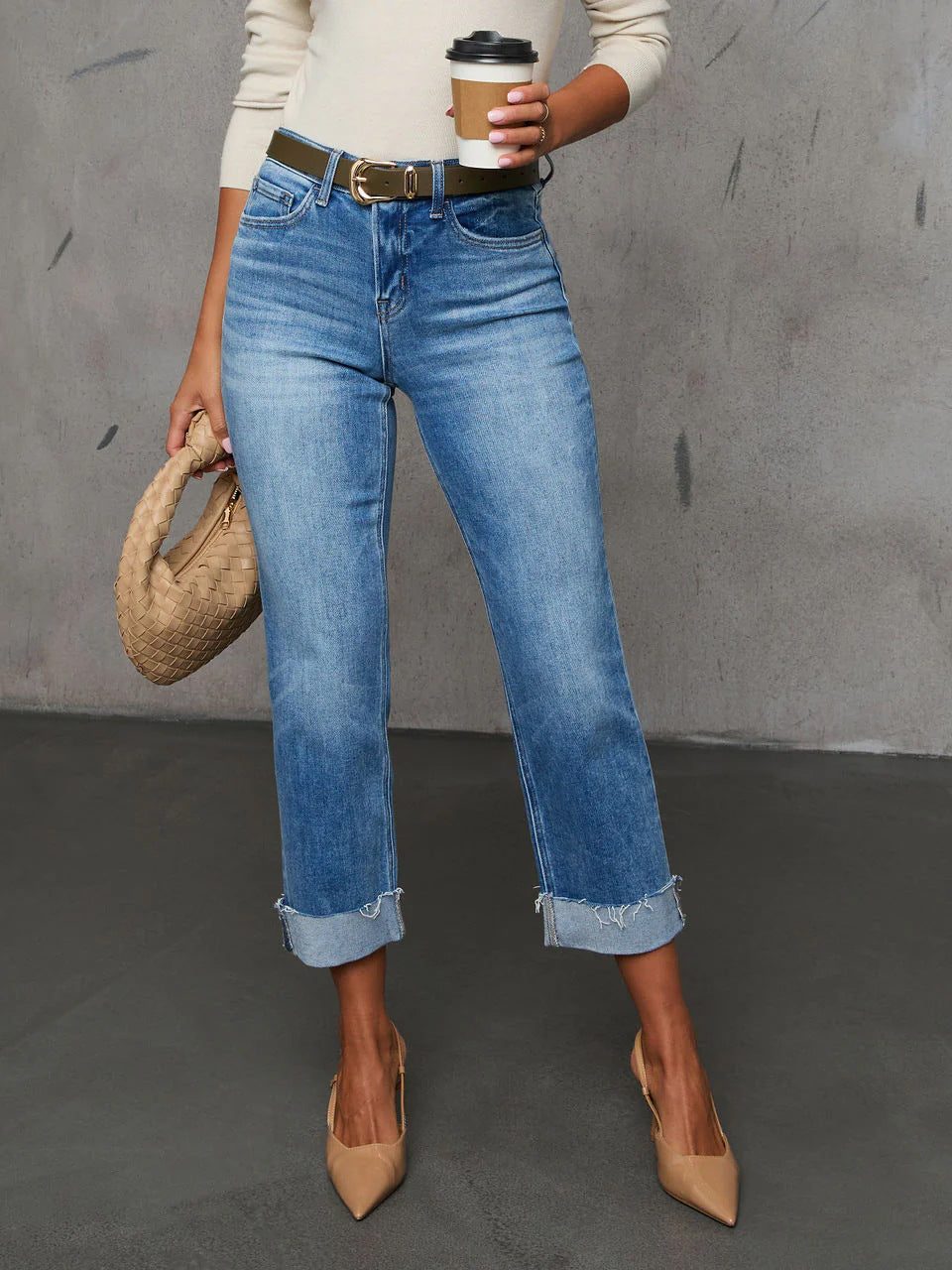 Cuffed Capri Pants, Fashionable Stretchy Whiskered Denim Jeans - [[{"value":"{{ Babyvera Babyvera  }}"}]]