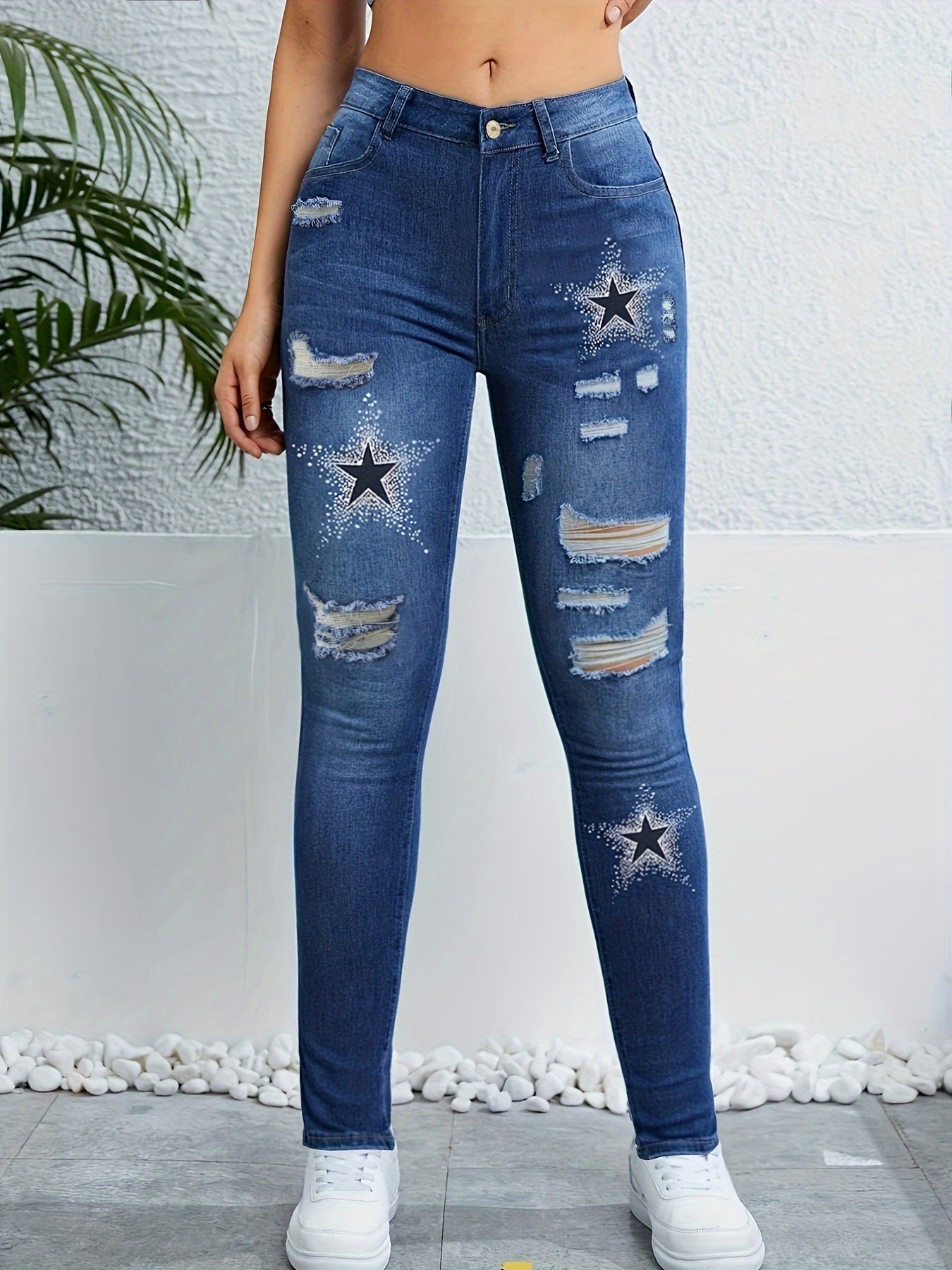 Stylish Ripped Distressed Color-blocked Versatile Star-print Skinny Denim Jeans - [[{"value":"{{ Babyvera Babyvera  }}"}]]