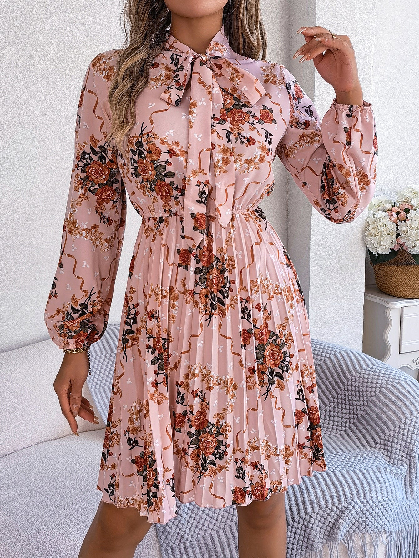 Women's Elegant Floral Tie-Waist Long Sleeve Pleated Maxi Dress - [[{"value":"{{ Babyvera Babyvera  }}"}]]