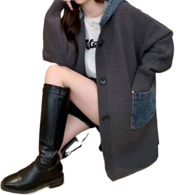 Mid Length Loose Fit Denim Patchwork Knit Cardigan - [[{"value":"{{ Babyvera Babyvera  }}"}]]