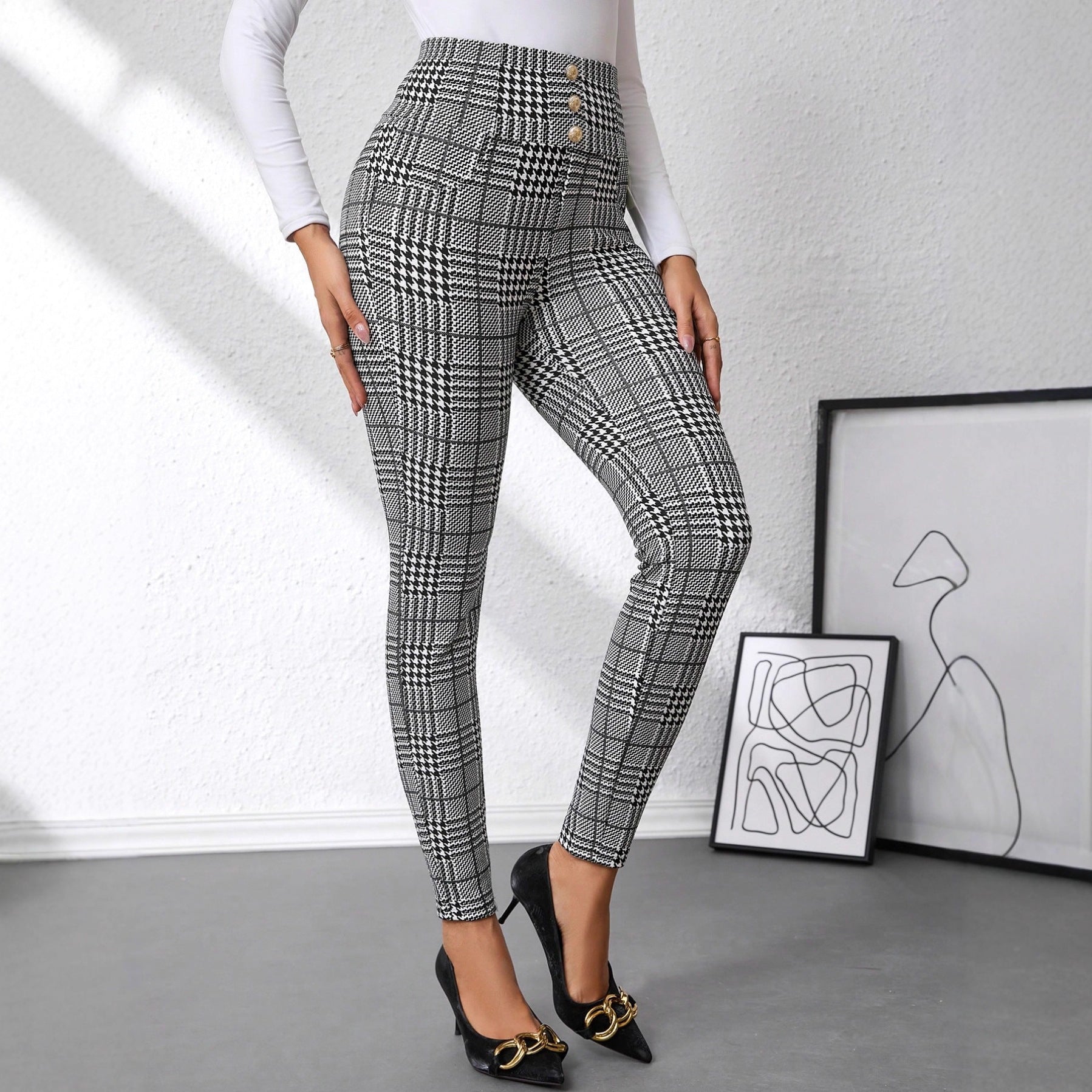 Women's Check Print Button Embellished High-waist Slim-fit Knit Pants - [[{"value":"{{ Babyvera Babyvera  }}"}]]