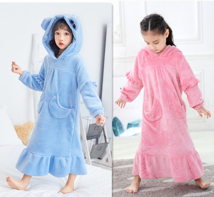 Warm Coral Fleece Double Sided Girls Long Moon Pocket Hooded Nightdress - [[{"value":"{{ Babyvera Babyvera  }}"}]]