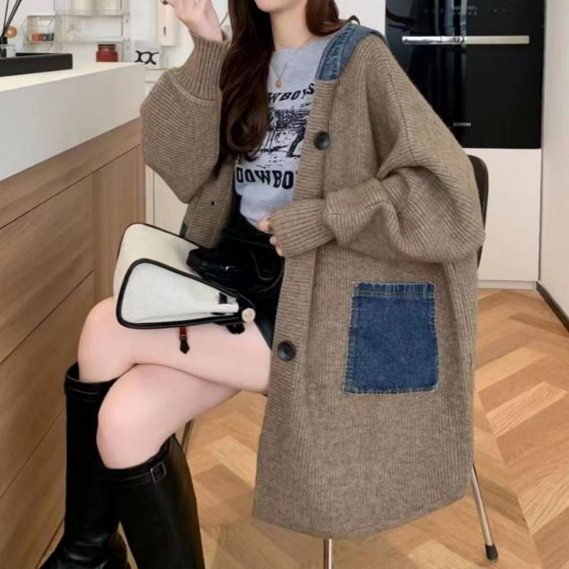 Mid Length Loose Fit Denim Patchwork Knit Cardigan - [[{"value":"{{ Babyvera Babyvera  }}"}]]