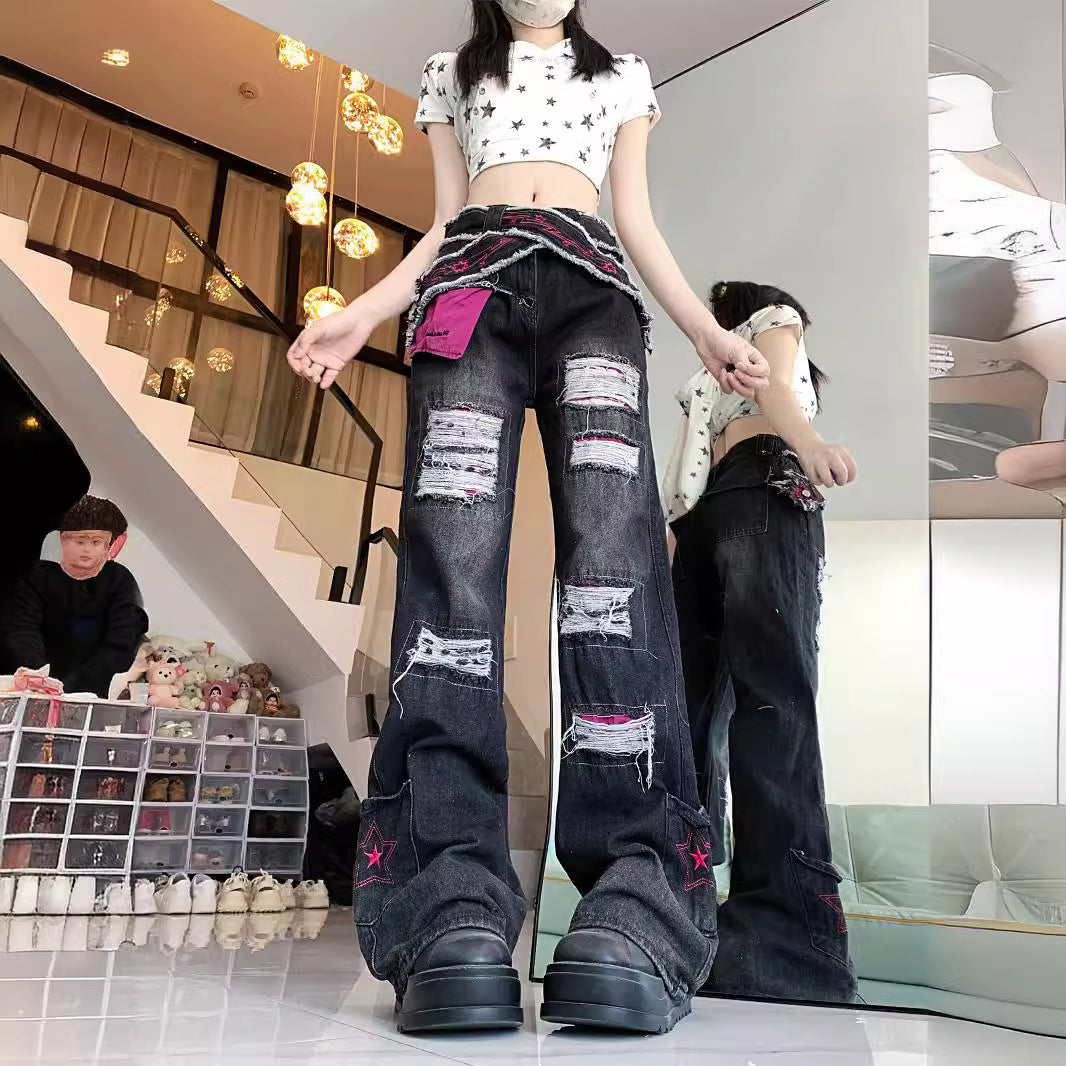 High-Street Ripped Design Flared Denim Jeans With A Sleazy Chic Vibe - [[{"value":"{{ Babyvera Babyvera  }}"}]]