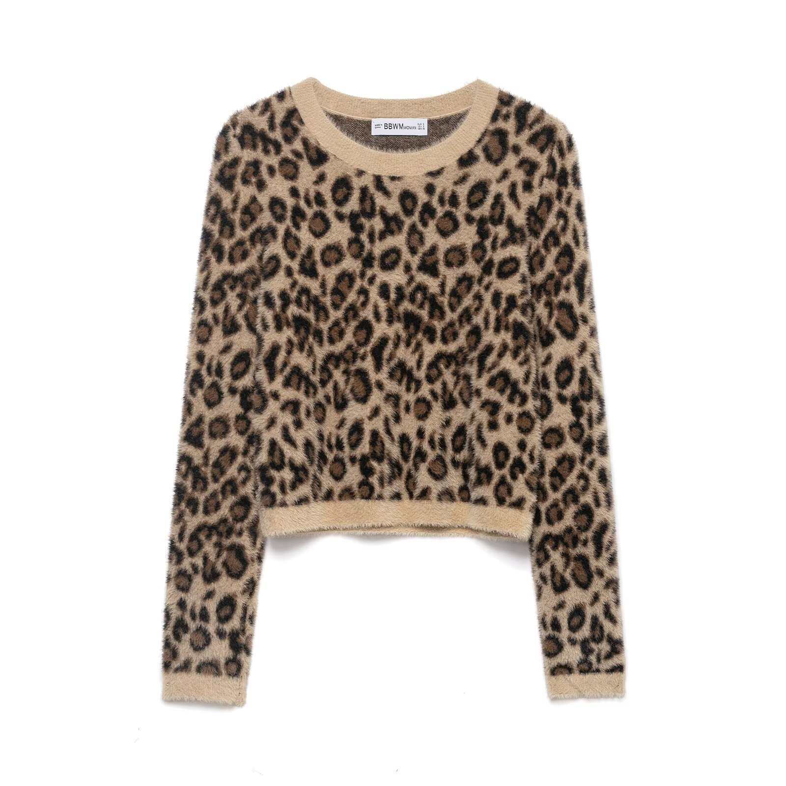 Retro Leopard-Print Crew-Neck Cropped Knitted Sweater - [[{"value":"{{ Babyvera Babyvera  }}"}]]