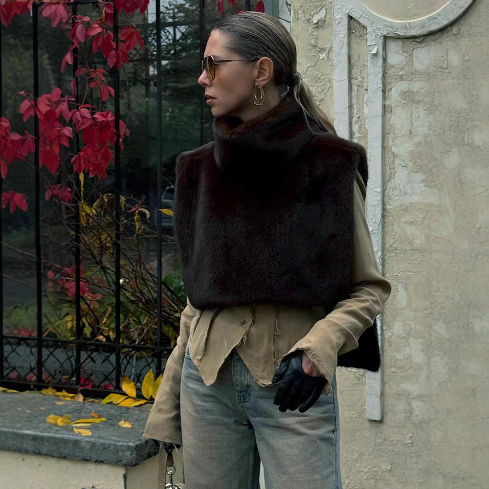 New Solid Color Half Turtleneck Sleeveless Fur Vest For Women - [[{"value":"{{ Babyvera Babyvera  }}"}]]