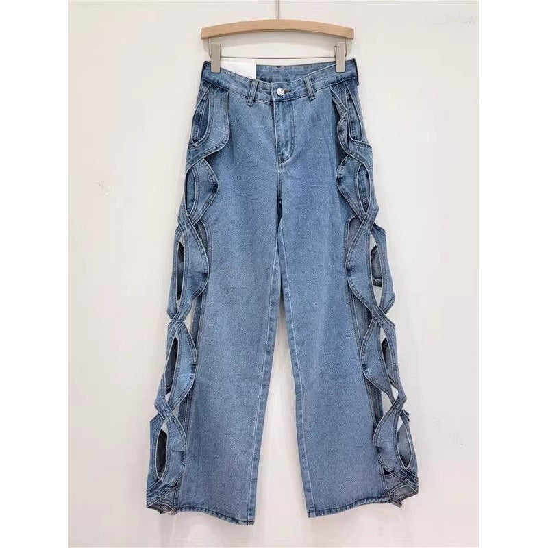 SpringSummer Side-Stranded Braid Ripped Casual Straight-Leg Wide-Leg Denim Jeans - [[{"value":"{{ Babyvera Babyvera  }}"}]]