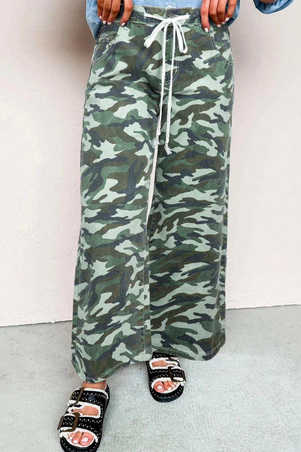 Green Camouflage Print Wide Leg Drawstring Denim Pants - [[{"value":"{{ Babyvera Babyvera  }}"}]]